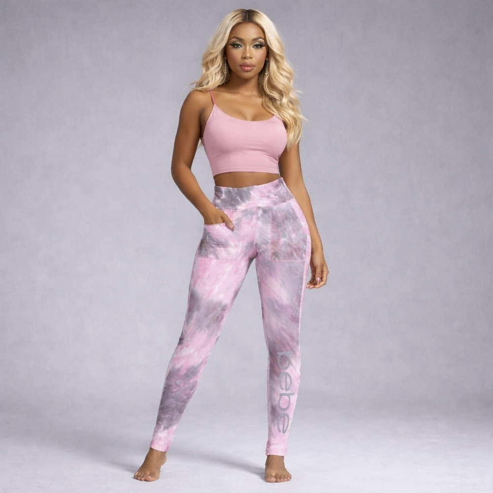 BEBE SPORT Tie Dye Marble Leggings w Pockets SMALL Pink Yoga Pants
